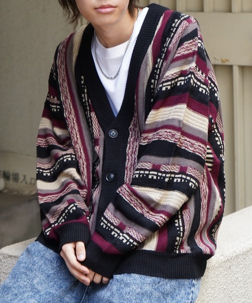 Confirm(コンファーム)の「ヴィンテージライク レトロジャガードストライプ柄 ビッグシルエット 3Dニットカーディガン 【Confirm】(カーディガン/ボレロ・メンズ・ブラック/ベージュ/ワイン/アイボリー/ブラック系その他/ホワイト系その他/ブルー系その他・M/L)」の18枚目の写真