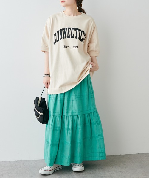 PUAL CE CIN（ピュアルセシン）の「ピグメントロゴプリントTシャツ（Tシャツ/カットソー・レディース・ブルー/アイボリー/グレイッシュベージュ・FREE）」の5枚目の写真