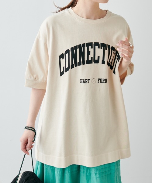 PUAL CE CIN（ピュアルセシン）の「ピグメントロゴプリントTシャツ（Tシャツ/カットソー・レディース・ブルー/アイボリー/グレイッシュベージュ・FREE）」の4枚目の写真