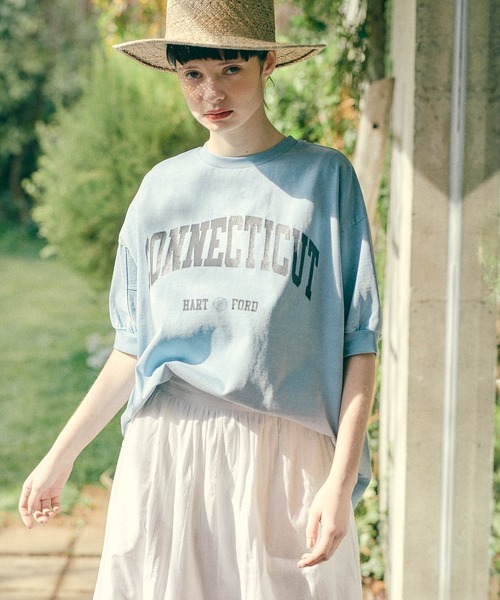 PUAL CE CIN（ピュアルセシン）の「ピグメントロゴプリントTシャツ（Tシャツ/カットソー・レディース・ブルー/アイボリー/グレイッシュベージュ・FREE）」の9枚目の写真