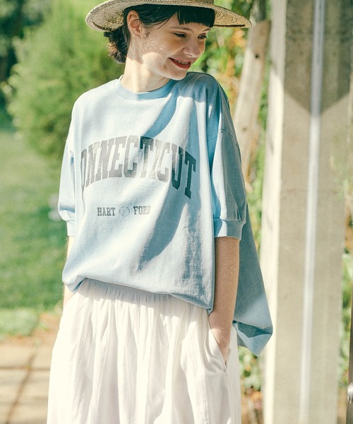 PUAL CE CIN（ピュアルセシン）の「ピグメントロゴプリントTシャツ（Tシャツ/カットソー・レディース・ブルー/アイボリー/グレイッシュベージュ・FREE）」の10枚目の写真