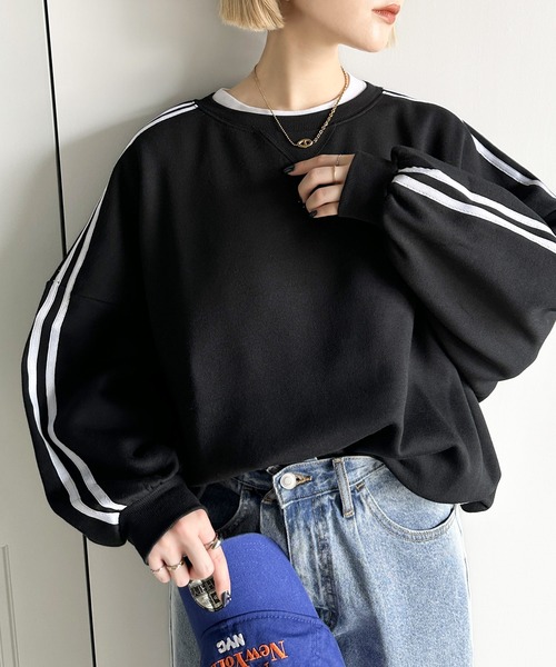 Java(ジャバ)の「《JaVa ジャバコラボ》レトロ×スポーツMIX。袖ダブルライン裏起毛スウェットプルオーバー(スウェット・レディース・ブラック/パープル/ミント/ブルー系その他/グレイッシュベージュ・SMALL/MEDIUM/LARGE/X-LARGE)」の2枚目の写真