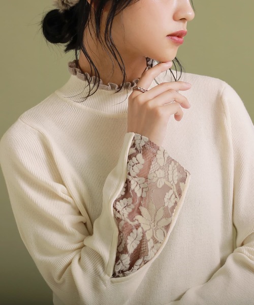 n'OrLABEL（ノアールレーベル）の「『袖レース配色リブニット』（ニット/セーター・レディース・ブラック/オフホワイト/チャコールグレー・1/2）」の2枚目の写真