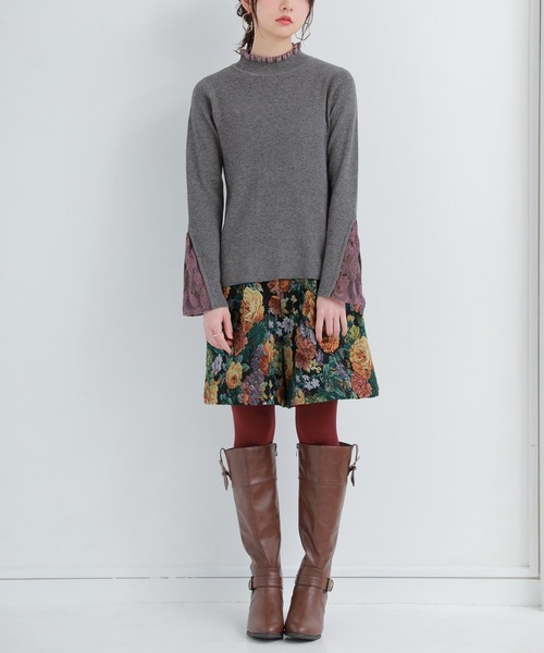 n'OrLABEL（ノアールレーベル）の「『袖レース配色リブニット』（ニット/セーター・レディース・ブラック/オフホワイト/チャコールグレー・1/2）」の4枚目の写真