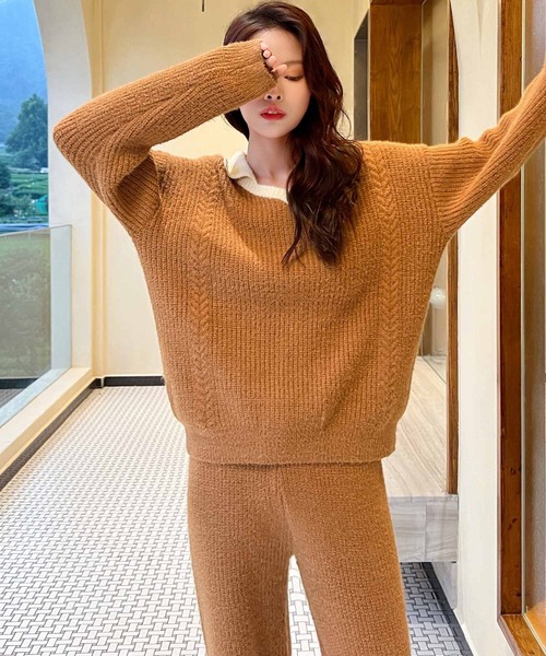 バイカラーニットルームウェア上下セット