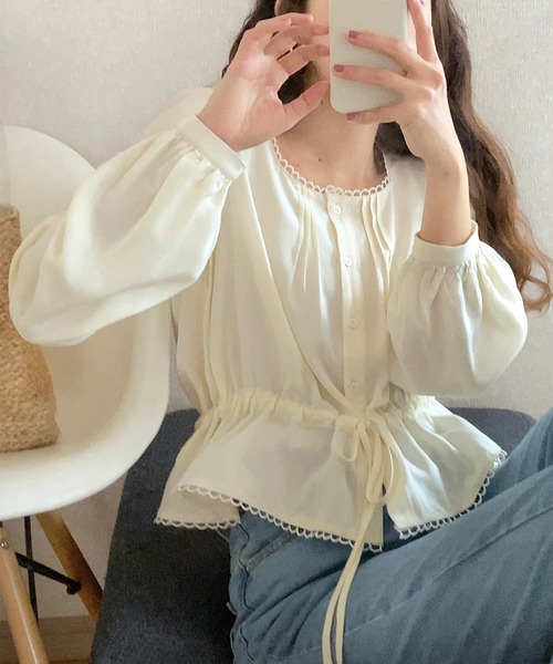 LAUIR（ラウアー）の「ウエストギャザーブラウス（シャツ/ブラウス・レディース・ネイビー/アイボリー/ブラック・MEDIUM/LARGE）」の7枚目の写真