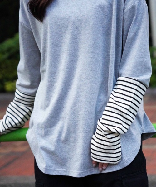 AVIREX（アヴィレックス）の「≪WEB&DEPOT限定≫SLEEVE BORDER COMBI L/S T-SHIRT/ スリーブボーダーコンビTシャツ（Tシャツ/カットソー・レディース・グリーン/グレー・F）」の7枚目の写真