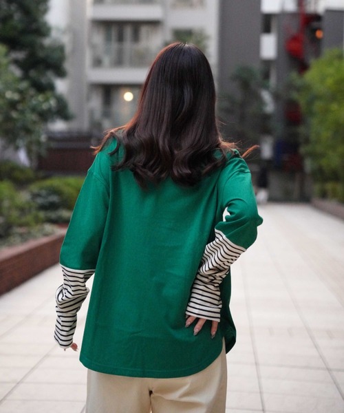 AVIREX（アヴィレックス）の「≪WEB&DEPOT限定≫SLEEVE BORDER COMBI L/S T-SHIRT/ スリーブボーダーコンビTシャツ（Tシャツ/カットソー・レディース・グリーン/グレー・F）」の9枚目の写真