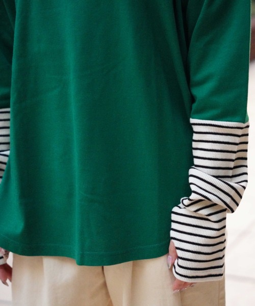 AVIREX（アヴィレックス）の「≪WEB&DEPOT限定≫SLEEVE BORDER COMBI L/S T-SHIRT/ スリーブボーダーコンビTシャツ（Tシャツ/カットソー・レディース・グリーン/グレー・F）」の12枚目の写真