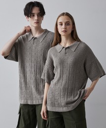 【CLEL】Jacquard Loose Short Sleeve Knit Polo Shirt/ジャガード ルーズ 半袖ニット ポロシャツ