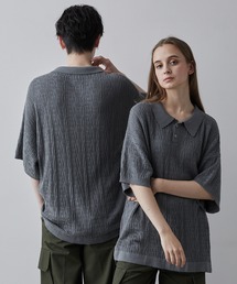 【CLEL】Jacquard Loose Short Sleeve Knit Polo Shirt/ジャガード ルーズ 半袖ニット ポロシャツ