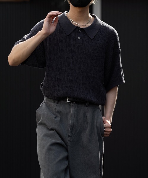clel ヴィンテージデザイン 3Dジャガード半袖ニットポロ 早い者勝ち CLEL】Vintage Design 3D Jacquard Short Sleeve Knit Polo