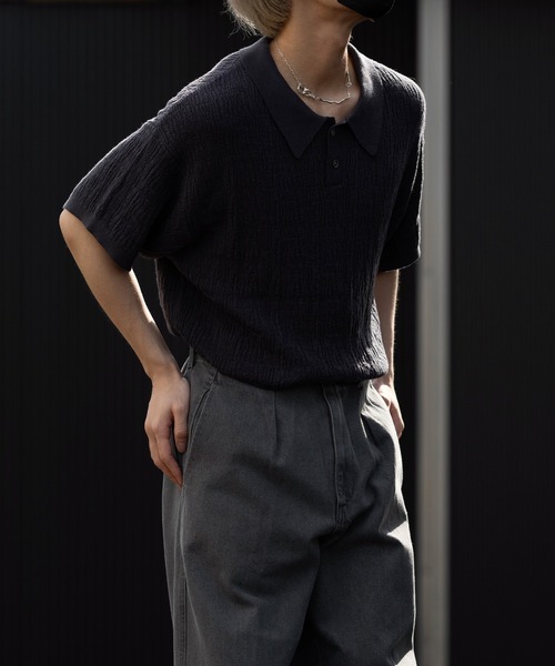CLEL（クレイル）の「【CLEL】Jacquard Loose Short Sleeve Knit Polo Shirt/ジャガード ルーズ 半袖ニット ポロシャツ（ポロシャツ・メンズ・グレイッシュベージュ/チャコールグレー/グレイッシュブルー・XS/S/M/L）」の4枚目の写真