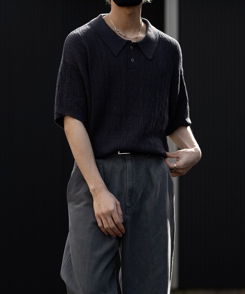 CLEL（クレイル）の「【CLEL】Jacquard Loose Short Sleeve Knit Polo Shirt/ジャガード ルーズ 半袖ニット ポロシャツ（ポロシャツ・メンズ・グレイッシュベージュ/チャコールグレー/グレイッシュブルー・XS/S/M/L）」の5枚目の写真
