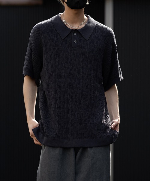 【CLEL】ヴィンテージデザイン3Dジャガード半袖ニットポロ チャコールSサイズ CLEL】Heavy Weight Vintage Design Game T-shirt