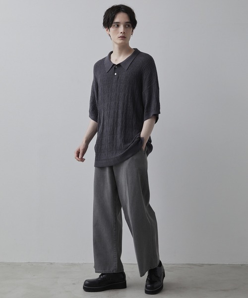 CLEL】Jacquard Loose Short Sleeve Knit Polo Shirt/ジャガード