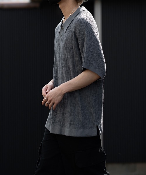 CLEL】Jacquard Loose Short Sleeve Knit Polo Shirt/ジャガード