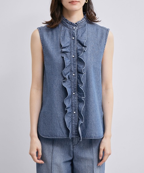 ROPE'（ロペ）の「【雑誌掲載】【洗える】サステナブルデニムラッフルブラウス/セットアップ対応（シャツ/ブラウス・レディース・ブルー系その他4・38）」の7枚目の写真