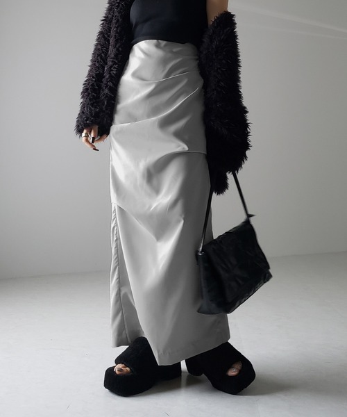 me+em select(ミームセレクト)の「※※【 3size / 6color 】タックデザインハイウエストスリットロングスカート(スカート・レディース・グレー/チャコール/ピンク/カーキ/ブラック/モスグリーン・LARGE/MEDIUM/SMALL)」の12枚目の写真