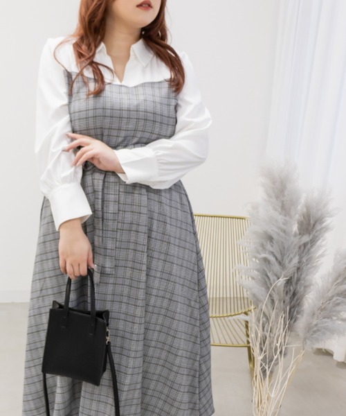 CLETTE(クレット)の「チェック柄ドッキングワンピース(ワンピース・レディース・グレー/ブラウン・3L/4L/LL)」の4枚目の写真