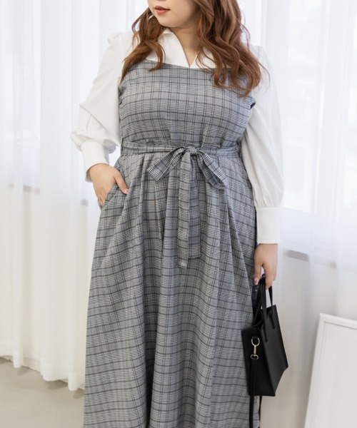 CLETTE(クレット)の「チェック柄ドッキングワンピース(ワンピース・レディース・グレー/ブラウン・3L/4L/LL)」の5枚目の写真