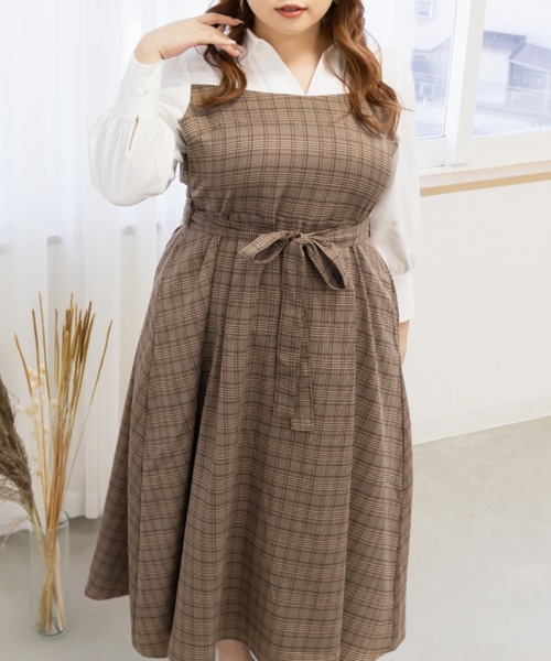 CLETTE(クレット)の「チェック柄ドッキングワンピース(ワンピース・レディース・グレー/ブラウン・3L/4L/LL)」の11枚目の写真