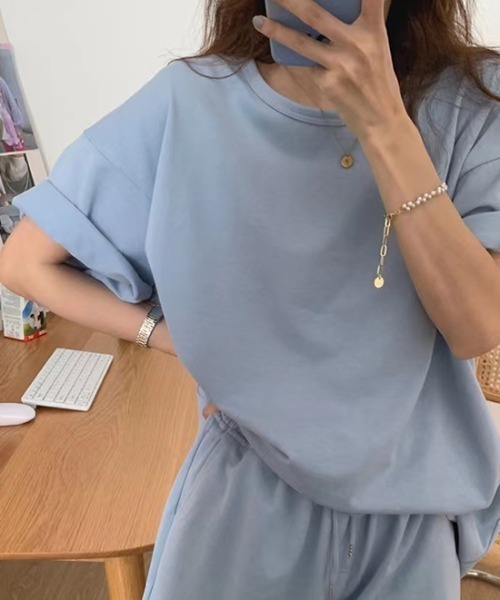 COCOMOMO(ココモモ)の「セットアップ 半袖カットソー&ハーフパンツ 上下2点セット(セットアップ・レディース・スカイブルー/ブラック/ライトグリーン/グレー/ライトイエロー・M/L)」の11枚目の写真
