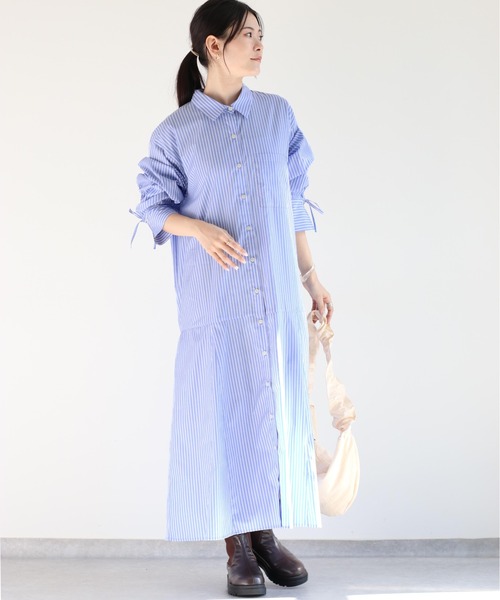 cepo（セポ）の「ソデギャザーストライプシャツワンピース（シャツワンピース・レディース・オフホワイト/ブルー/グリーン・M）」の6枚目の写真