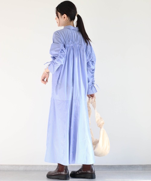 cepo（セポ）の「ソデギャザーストライプシャツワンピース（シャツワンピース・レディース・オフホワイト/ブルー/グリーン・M）」の8枚目の写真