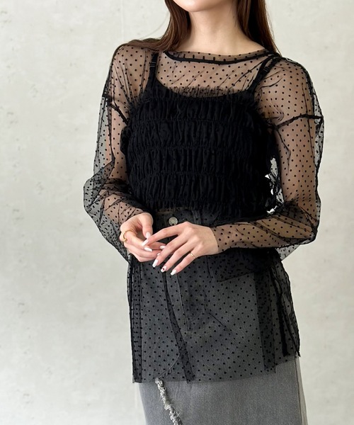 Per sist ence(パーシエンス)の「チュールレイヤードプルオーバー&シャーリングキャミセット(Tシャツ/カットソー・レディース・グレー/アイボリー/ブラック・FREE)」の2枚目の写真
