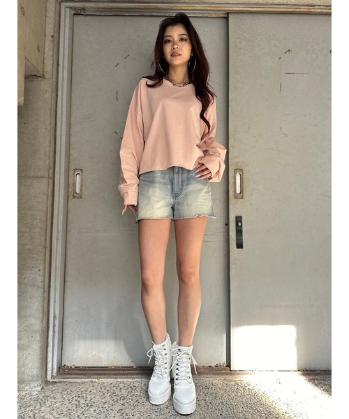 EGOIST（エゴイスト）の「オーバーサイズクロップドロンT（Tシャツ/カットソー・レディース・ベージュ/ダークグレー/ピンク/アイボリー・FREE）」の14枚目の写真