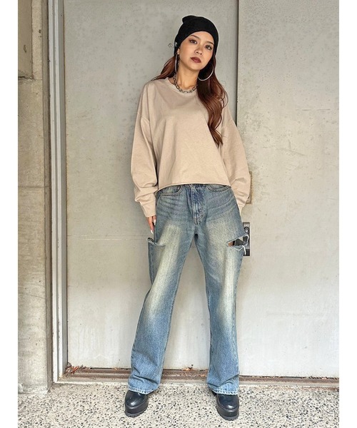 EGOIST（エゴイスト）の「オーバーサイズクロップドロンT（Tシャツ/カットソー・レディース・ベージュ/ダークグレー/ピンク/アイボリー・FREE）」の5枚目の写真