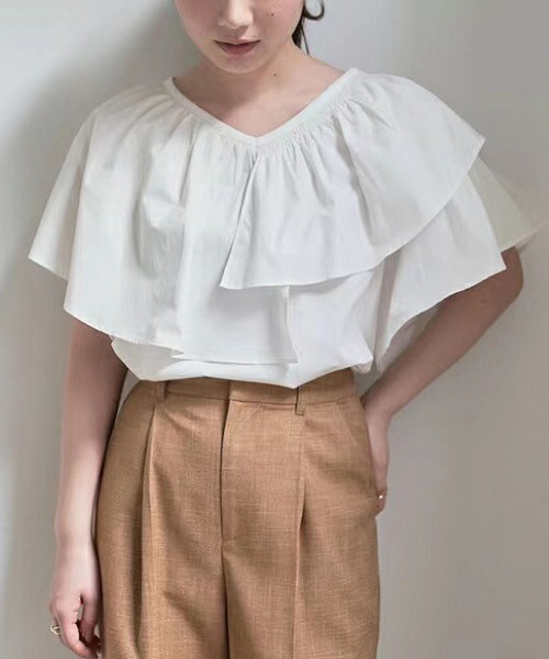 MAISON DE THERESE（メゾン ド テレーズ）の「Vネック変則フリルシャツブラウス（シャツ/ブラウス・レディース・イエロー×グリーン/ブラック/ホワイト・M）」の2枚目の写真