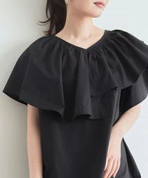 Vネック変則フリルシャツブラウス