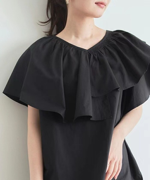 MAISON DE THERESE（メゾン ド テレーズ）の「Vネック変則フリルシャツブラウス（シャツ/ブラウス・レディース・イエロー×グリーン/ブラック/ホワイト・M）」の3枚目の写真