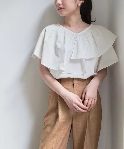 MAISON DE THERESE（メゾン ド テレーズ）の「Vネック変則フリルシャツブラウス（シャツ/ブラウス・レディース・イエロー×グリーン/ブラック/ホワイト・M）」の4枚目の写真