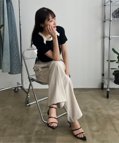 MOCOA'S(モコアズ)の「サイドドロストシャーリングトップス(Tシャツ/カットソー・レディース・ブラック/ブラック×ホワイト・FREE)」の12枚目の写真