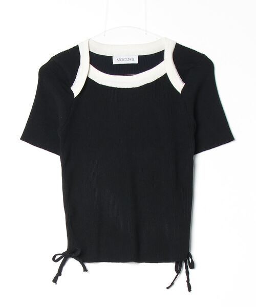 MOCOA'S(モコアズ)の「サイドドロストシャーリングトップス(Tシャツ/カットソー・レディース・ブラック/ブラック×ホワイト・FREE)」の14枚目の写真