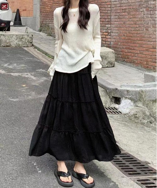 BLANC FICELLE(ブランフィセル)の「シフォン 切替 ロングスカート 裏地付き(スカート・レディース・ブラック/ブルー/ピンク/ホワイト・M/S/L)」の1枚目の写真