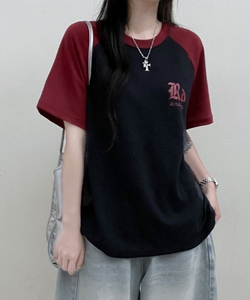 VIVID LADY(ビビッドレディー)の「配色ラグラン半袖Tシャツ レディース 夏 ブロークコア(Tシャツ/カットソー・レディース・ネイビー/オートミール/ホワイト系・FREE)」の3枚目の写真