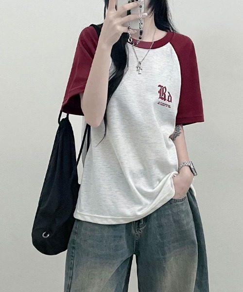 VIVID LADY(ビビッドレディー)の「配色ラグラン半袖Tシャツ レディース 夏 ブロークコア(Tシャツ/カットソー・レディース・ネイビー/オートミール/ホワイト系・FREE)」の20枚目の写真