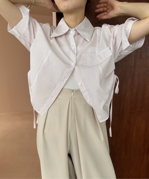 Amiur(エミレ)の「drawstring stripe shirt / ドローストリングストライプシャツ(シャツ/ブラウス・レディース・ピンク/ライム/ブルー・FREE)」の3枚目の写真