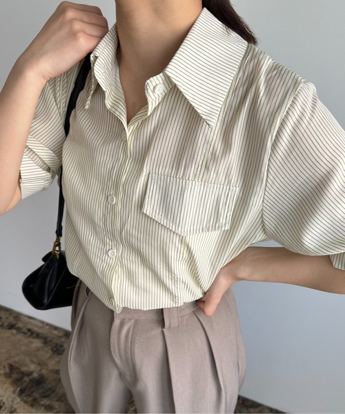 Amiur(エミレ)の「drawstring stripe shirt / ドローストリングストライプシャツ(シャツ/ブラウス・レディース・ピンク/ライム/ブルー・FREE)」の2枚目の写真