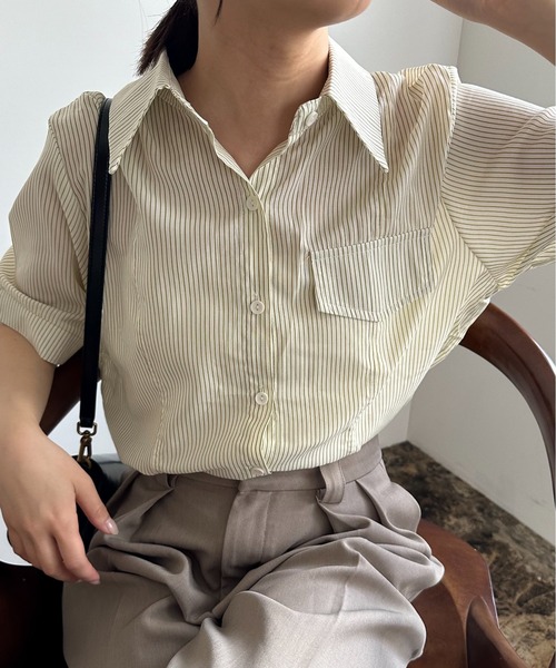 Amiur(エミレ)の「drawstring stripe shirt / ドローストリングストライプシャツ(シャツ/ブラウス・レディース・ピンク/ライム/ブルー・FREE)」の11枚目の写真