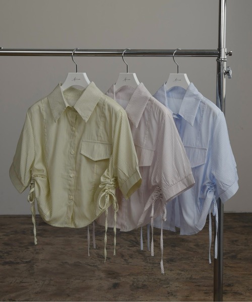 Amiur(エミレ)の「drawstring stripe shirt / ドローストリングストライプシャツ(シャツ/ブラウス・レディース・ピンク/ライム/ブルー・FREE)」の9枚目の写真