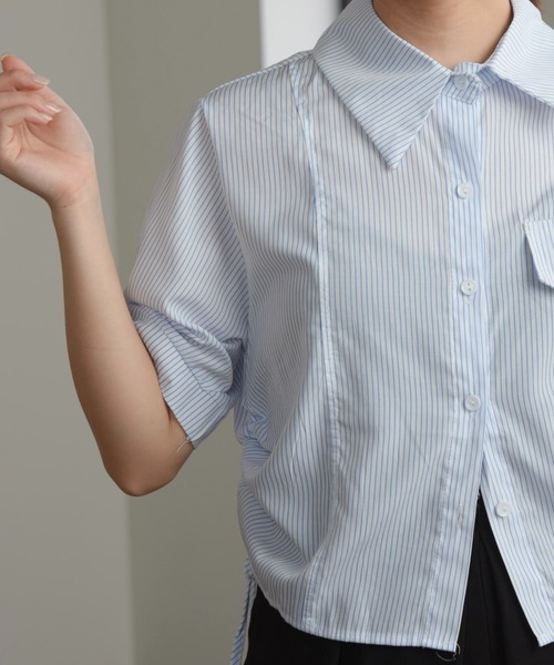 Amiur(エミレ)の「drawstring stripe shirt / ドローストリングストライプシャツ(シャツ/ブラウス・レディース・ピンク/ライム/ブルー・FREE)」の6枚目の写真