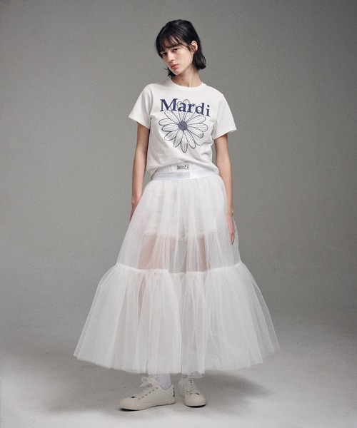 Mardi Mercredi（マルディメクルディ）の「SLIM TSHIRT FLOWERMARDI / スリム Tシャツ フラワーマルディ（Tシャツ/カットソー・レディース・ブラック系その他/ホワイト×ネイビー/ネイビー系1/グレー系その他・FREE）」の6枚目の写真