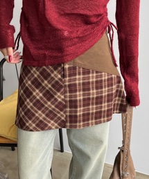 アシメントリーチェック柄レイヤードミニスカート