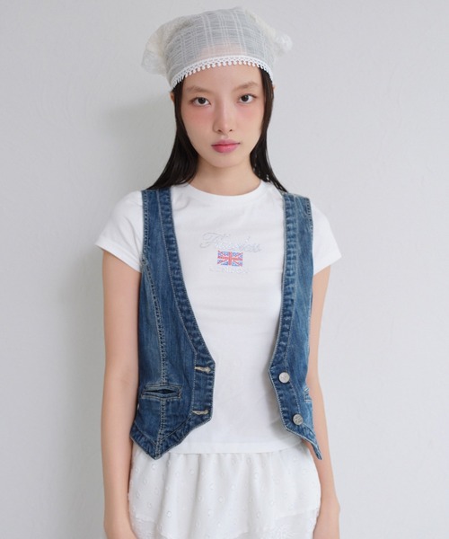FCMM（エフシーエムエム）の「FLAG RHINESTONE CROP TEE/フラッグラインストーンクロップT（Tシャツ/カットソー・レディース・ホワイト/ネイビー/グレー・MEDIUM/SMALL）」の8枚目の写真