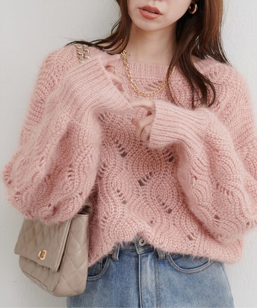 natural couture(ナチュラルクチュール)の「【Web限定】ふわふわ透かしニット(ニット/セーター・レディース・グレー/アイボリー/サックスブルー/ベージュ/ピンク・FREE)」の8枚目の写真